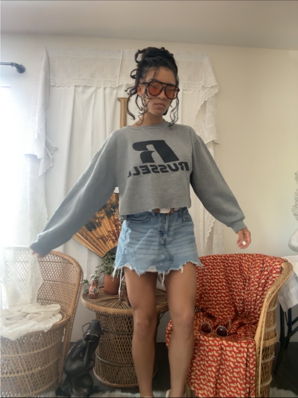 Russell Athletic Gray Cropped Sweatshirt with Logo
